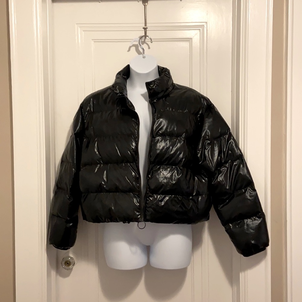 Fabletics Puffer Coat Black Shiny Full Zipper Pockets Mock Neck Size Large